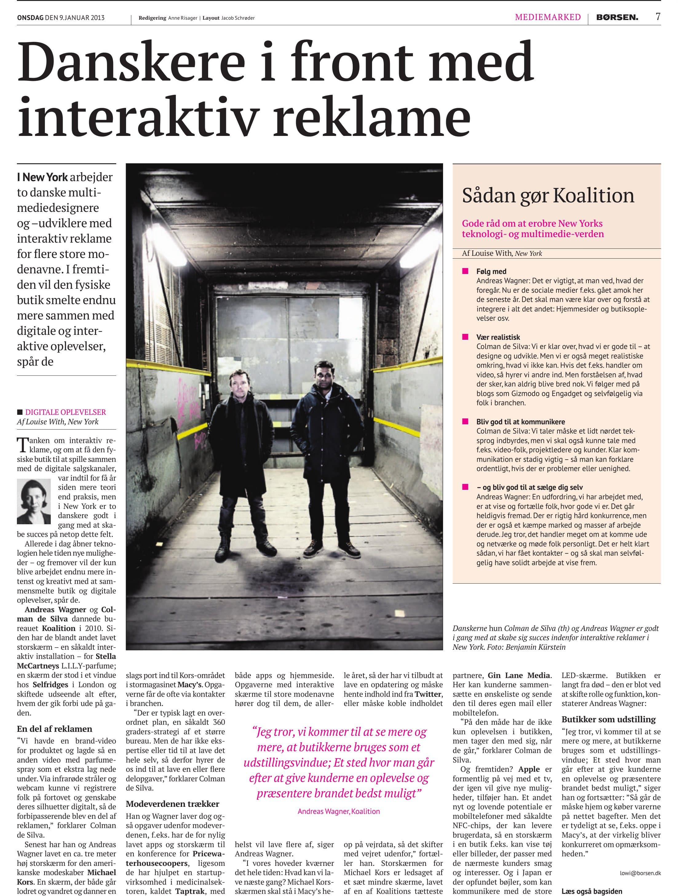 Børsen Mediemarked — Koalition feature, January 9, 2013